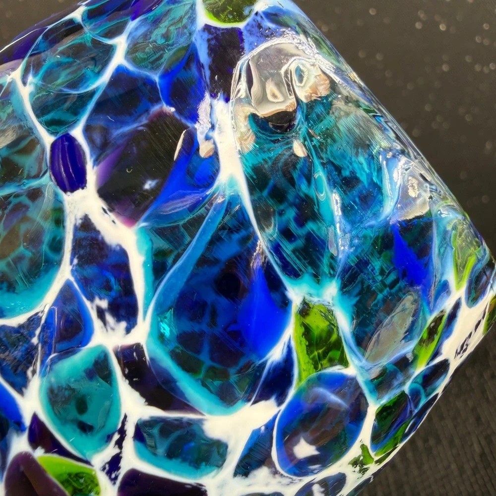 Hand Blown USA Glass Votive Holder Blue Green Purple Confetti Mosaic Cup Glass